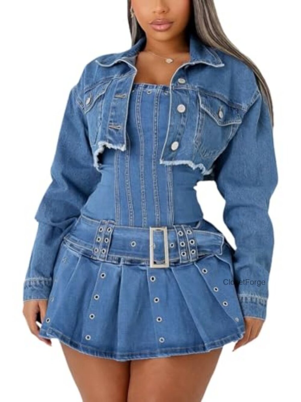 Cropped Denim Jacket Long Sleeve Button Up Women Jacket